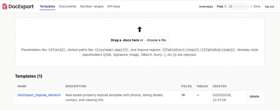 DocExport template editor showing AI-generated field descriptions and example values for each placeholder