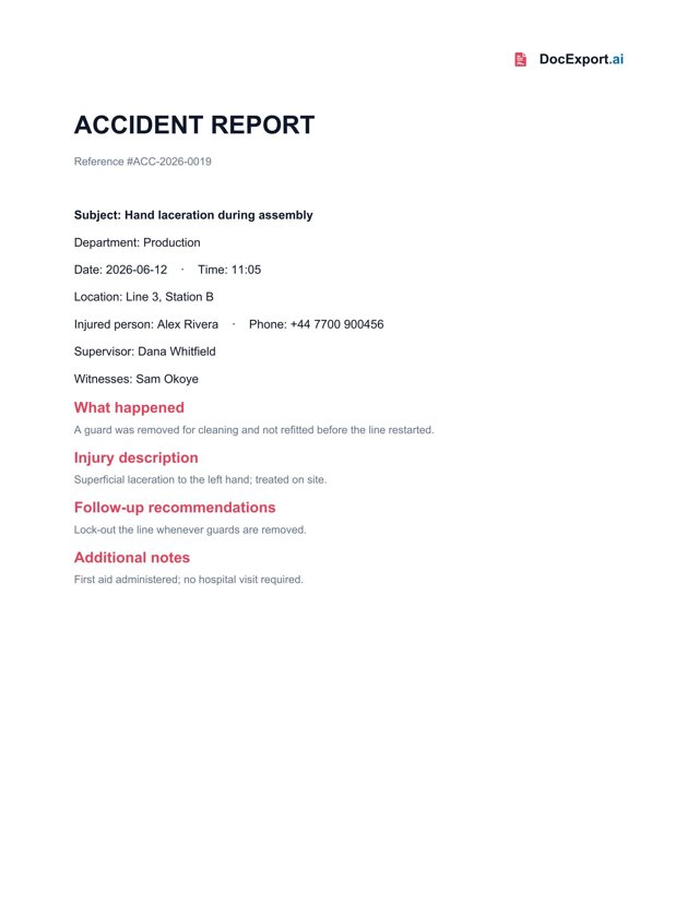 Preview of a finished Accident report template