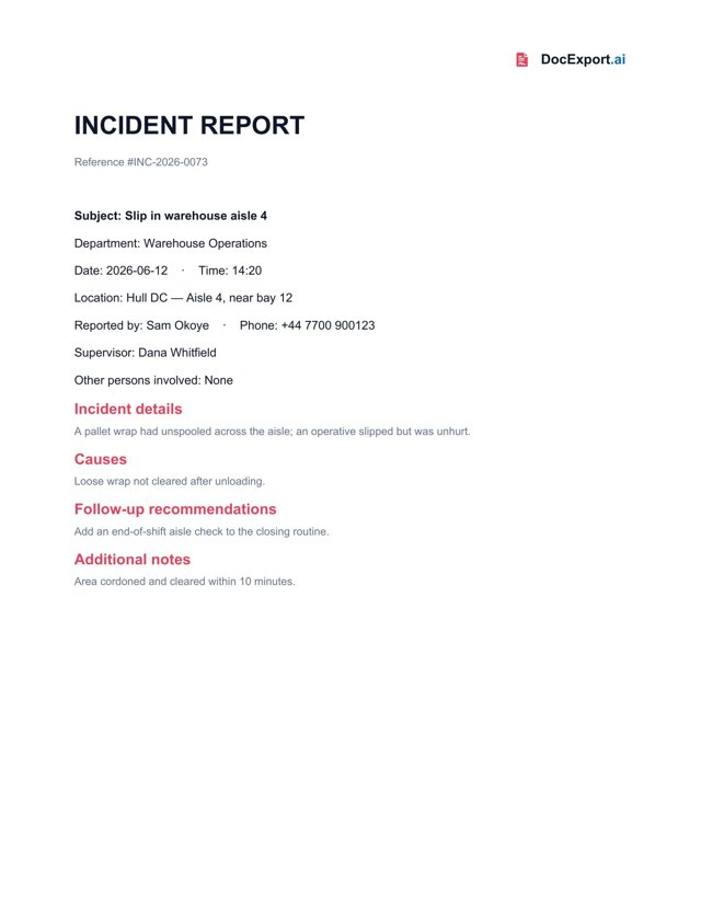 Preview of a finished Incident report template