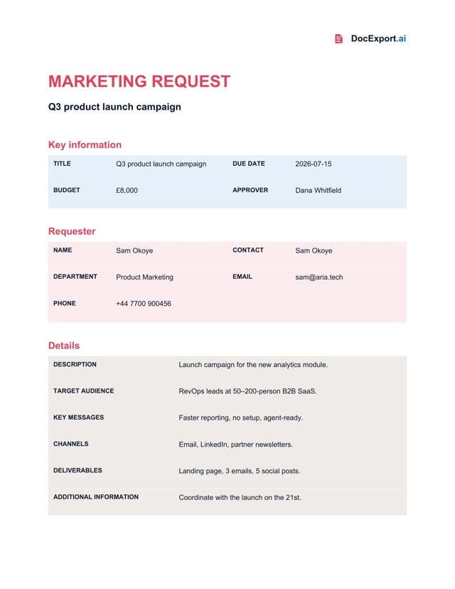 Preview of a finished Marketing request form template