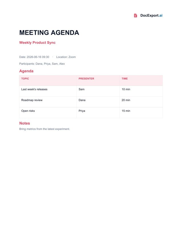 Preview of a finished Meeting agenda template