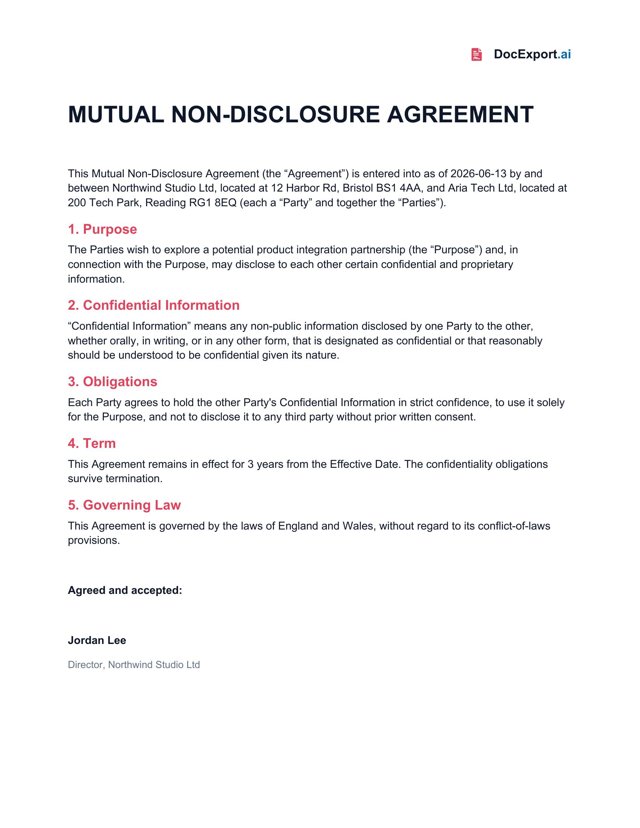 Preview of a finished Mutual NDA template
