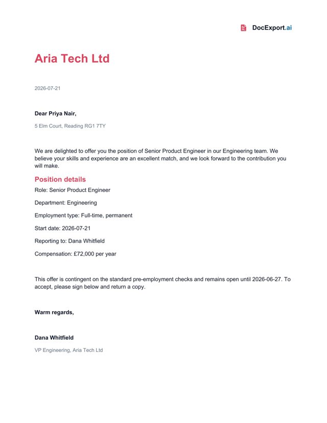 Preview of a finished Offer letter template