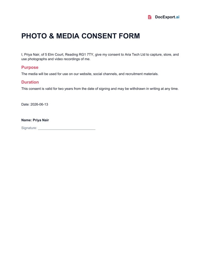 Preview of a finished Photo & media consent template