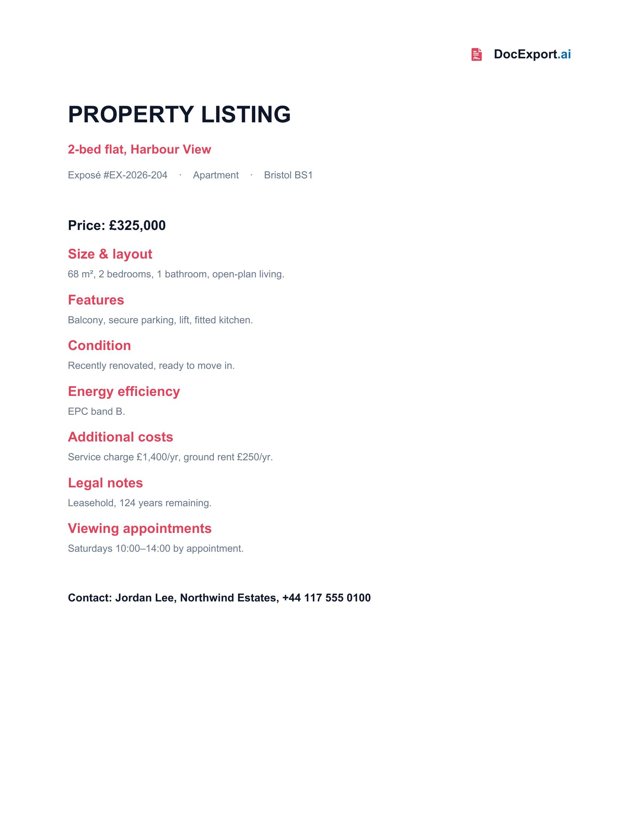 Preview of a finished Property listing template