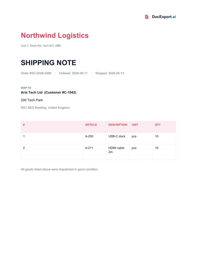 Preview of a finished Shipping note template