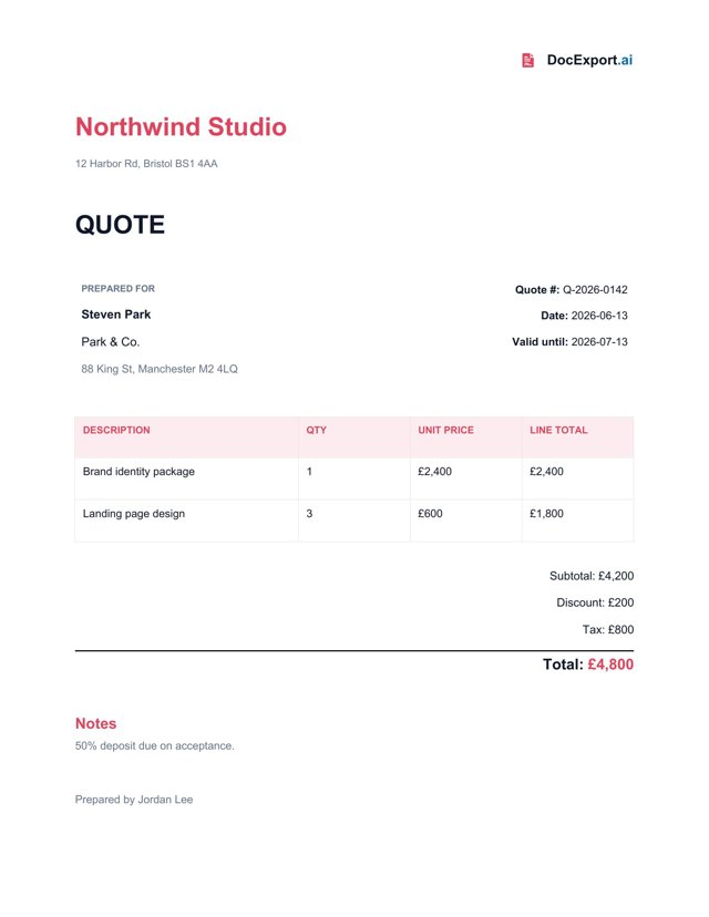 Preview of a finished Quote template