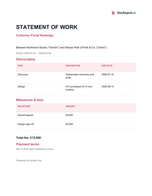 Preview of a finished Statement of work template